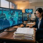 Logistik-Dashboard mit globalen Versandrouten neben einem Stapel physischer Frachtdokumente, entscheidend für generative KI Logistikdokumente.