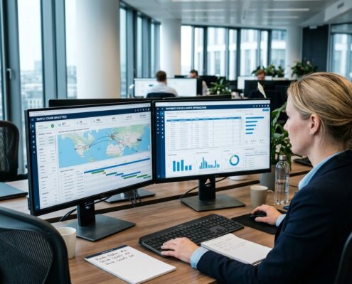 Logistics expert analyzing data on dual monitors for the administrative processing of credit notes in a modern office environment.