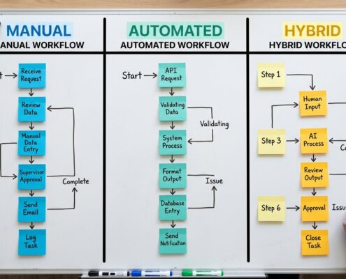 Whiteboard showing manual and automated data import workflows designed to prevent PIM system data pollution.