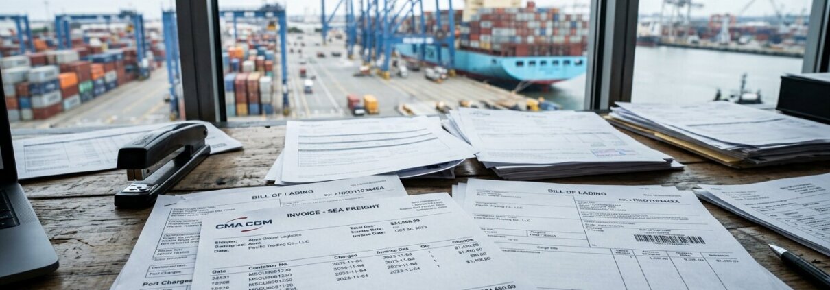 Logistics invoices and shipping documents on a desk with a port in the background, illustrating the double billing of port charges.