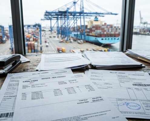 Logistics invoices and shipping documents on a desk with a port in the background, illustrating the double billing of port charges.