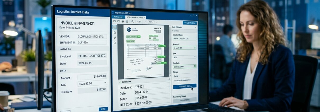 Monitor displaying invoice software and data to prevent margin loss in automated invoice processing within the logistics sector.