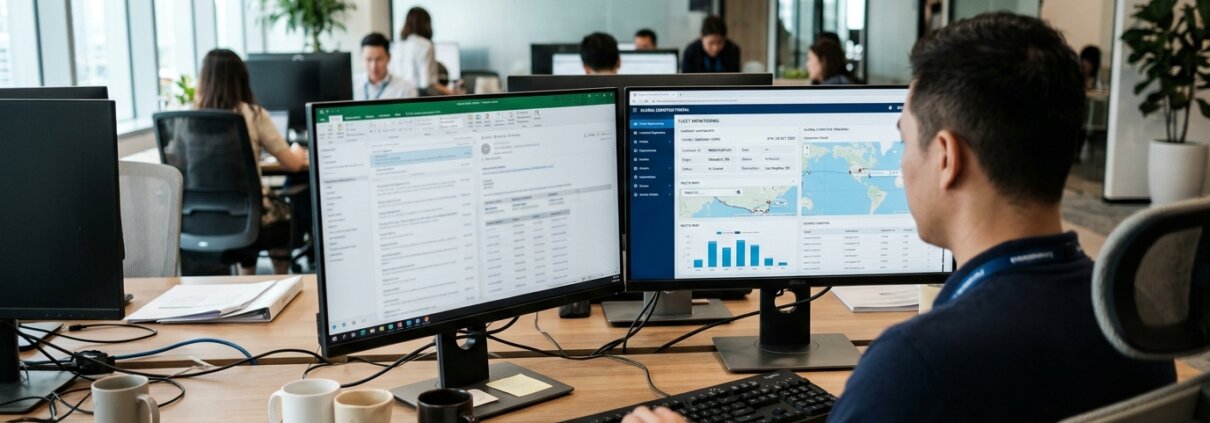 Logistics specialist enters data, illustrating the costs of new client portals on back-office operations with complex web interfaces.