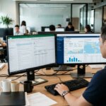 Logistics specialist enters data, illustrating the costs of new client portals on back-office operations with complex web interfaces.
