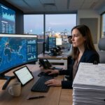 Logistics control center with digital dashboards and shipping documents for AI logistics contract analysis.