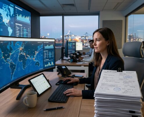 Logistics control center with digital dashboards and shipping documents for AI logistics contract analysis.