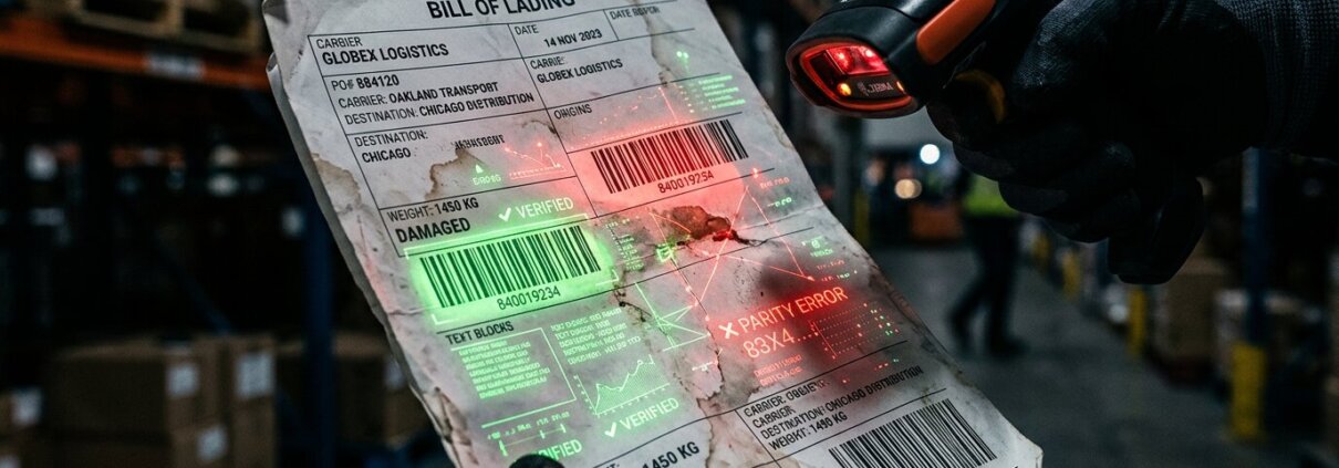 Damaged bill of lading with data overlays in a warehouse, highlighting the risks of false positives in logistics OCR.