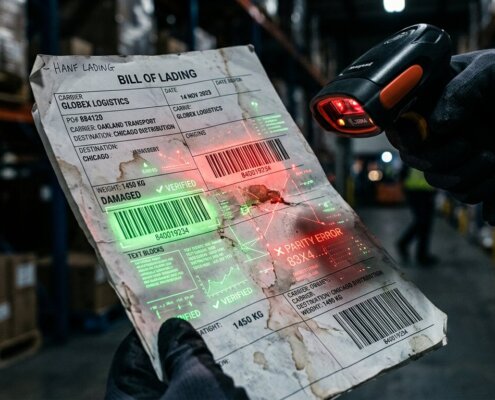Damaged bill of lading with data overlays in a warehouse, highlighting the risks of false positives in logistics OCR.