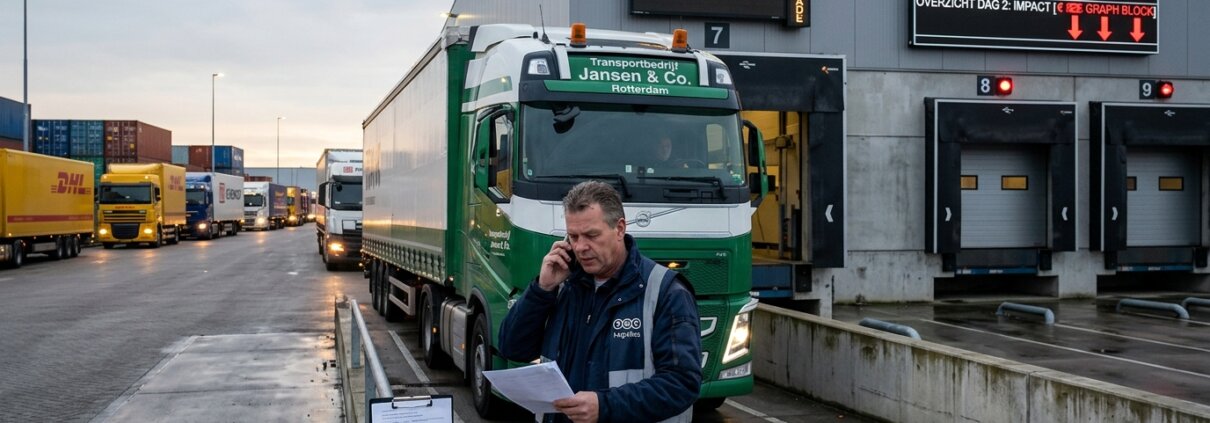 Truck at a distribution center blocking a dock due to master data errors in logistics SLAs and outdated instructions.