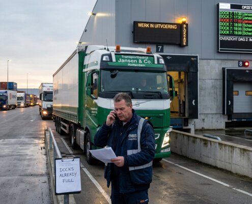 Truck at a distribution center blocking a dock due to master data errors in logistics SLAs and outdated instructions.