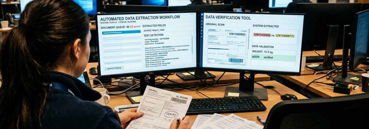 Operator at dual monitors verifying documents in a logistics center for accurate hybrid content management.