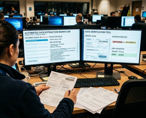 Operator at dual monitors verifying documents in a logistics center for accurate hybrid content management.