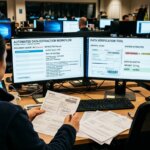 Operator an Dual-Monitoren verifiziert Dokumente in einem Logistikzentrum für präzises hybrides Content-Management.