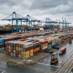 Gestapelte Seecontainer in einem Industriehafen für das strategische Forecasting von Seefracht-Zuschlägen.