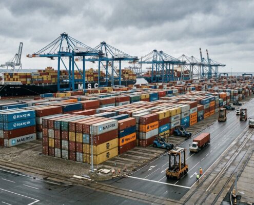 Gestapelte Seecontainer in einem Industriehafen für das strategische Forecasting von Seefracht-Zuschlägen.
