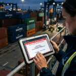 Logistics manager reviewing an error report caused by administrative staff shortages in logistics, standing near stacked shipping containers.