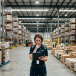 Warehouse manager with tablet near pallets; product launch delayed by master data in a large logistics distribution center.