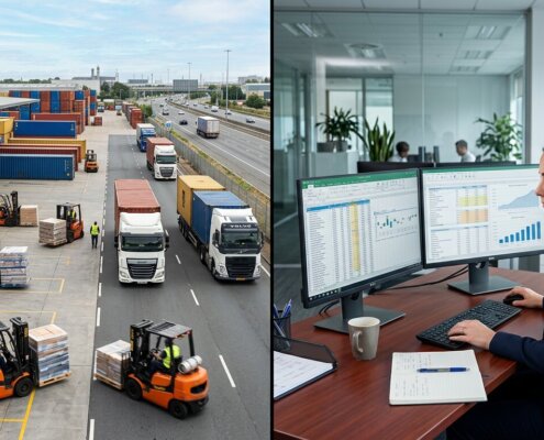 Logistics terminal and financial professionals checking incorrect VAT codes ERP data entry on spreadsheets in an office.
