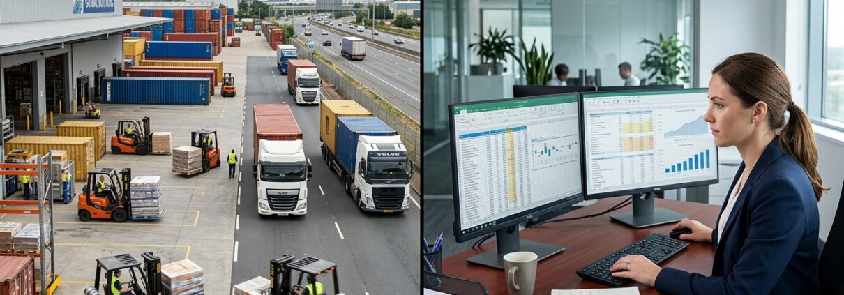 Logistics terminal and financial professionals checking incorrect VAT codes ERP data entry on spreadsheets in an office.