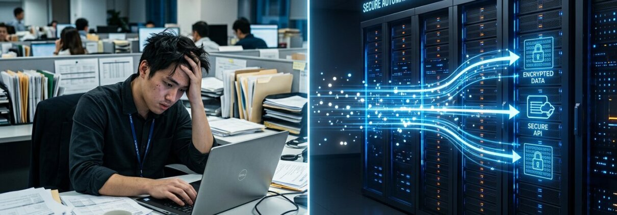 Vergleich manueller und automatisierter Kundenportal-Dateneingabe Best Practices mit einem Logistikmitarbeiter und Servern.