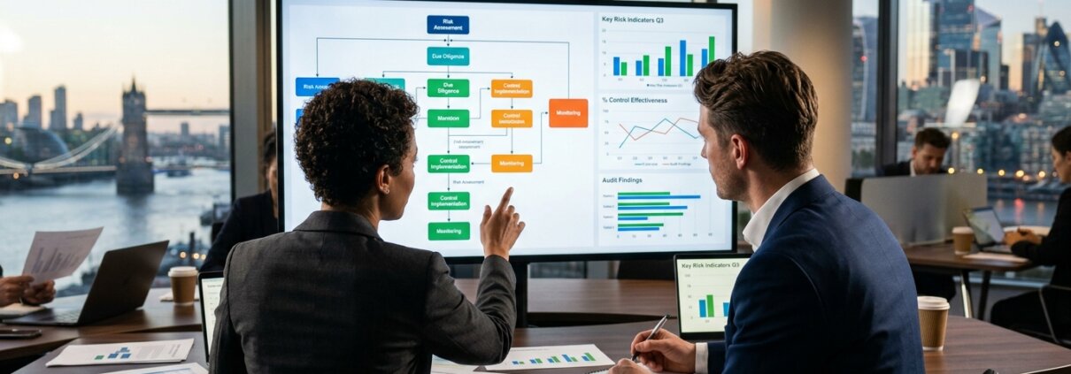 Compliance-Experten analysieren Daten beim Outsourcing der KYC-Dossiererstellung in einem modernen Büro.