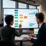 Compliance professionals analyzing data for outsourcing KYC file building in a modern office setup