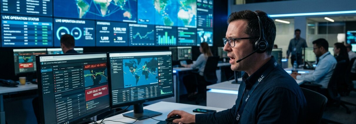 Transportplaner in einem modernen Logistikzentrum kämpft an digitalen Karten und Bildschirmen mit den Folgen langsamer Backoffice-Kommunikation.
