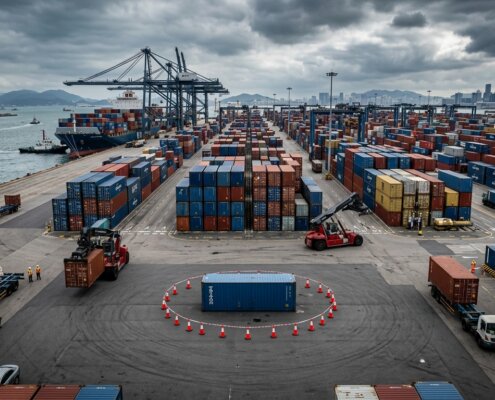 Isolated container with traffic cones at a busy port terminal illustrating LCL shipments customs delay.