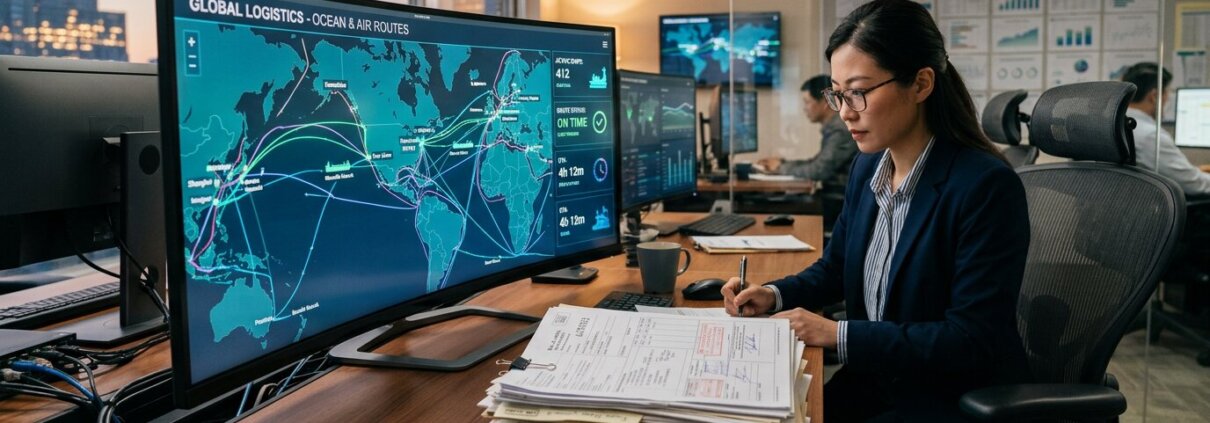 Logistics control room dashboard with global shipping routes next to paper documents, highlighting the need for generative AI logistics documents validation.