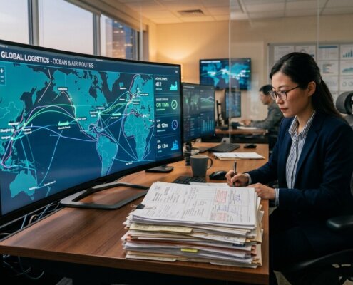 Logistics control room dashboard with global shipping routes next to paper documents, highlighting the need for generative AI logistics documents validation.