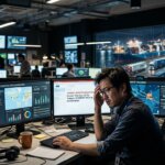 Stressed transport planner improving logistics order intake speed at monitors in a busy control tower.