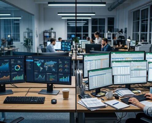 Digital dashboards alongside a cluttered desk with Excel sheets, illustrating shadow administration in logistics.
