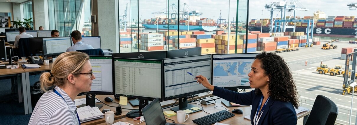 Logistikexperten im Hafenbüro prüfen die House Bill of Lading Konsolidierung auf Monitoren im Groupage-Backoffice.