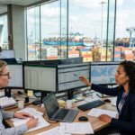 Logistikexperten im Hafenbüro prüfen die House Bill of Lading Konsolidierung auf Monitoren im Groupage-Backoffice.