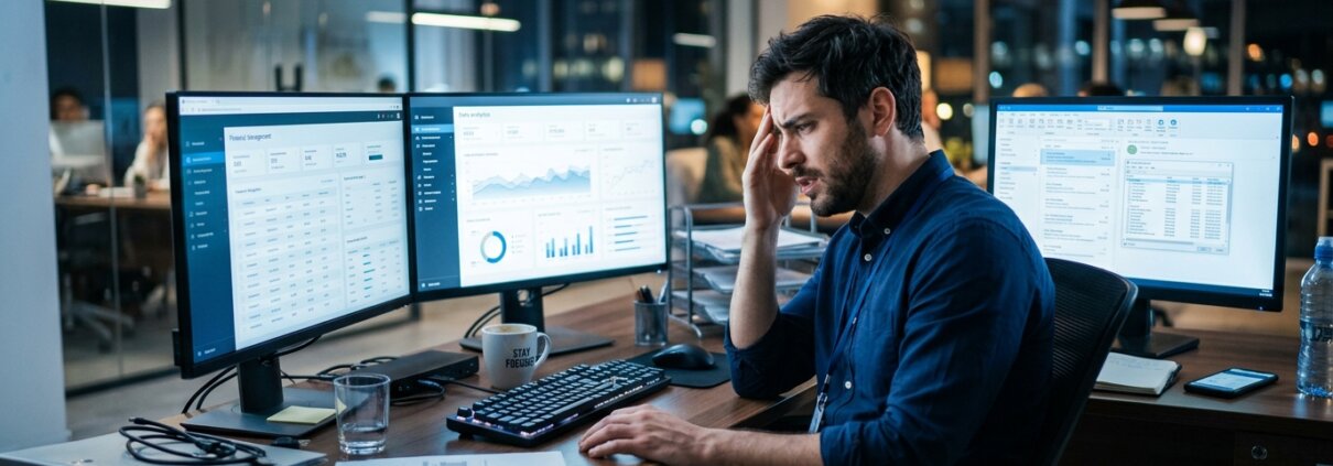 Frustrated employee managing multiple client portals across three monitors in a modern office environment.