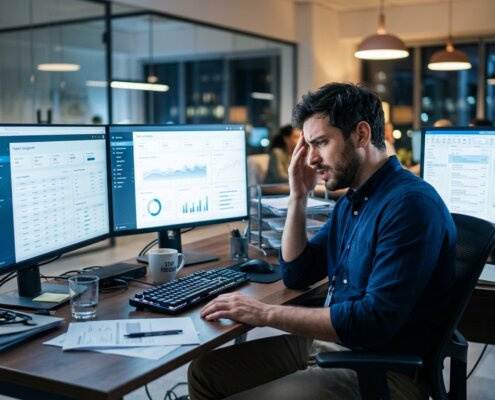 Frustrated employee managing multiple client portals across three monitors in a modern office environment.
