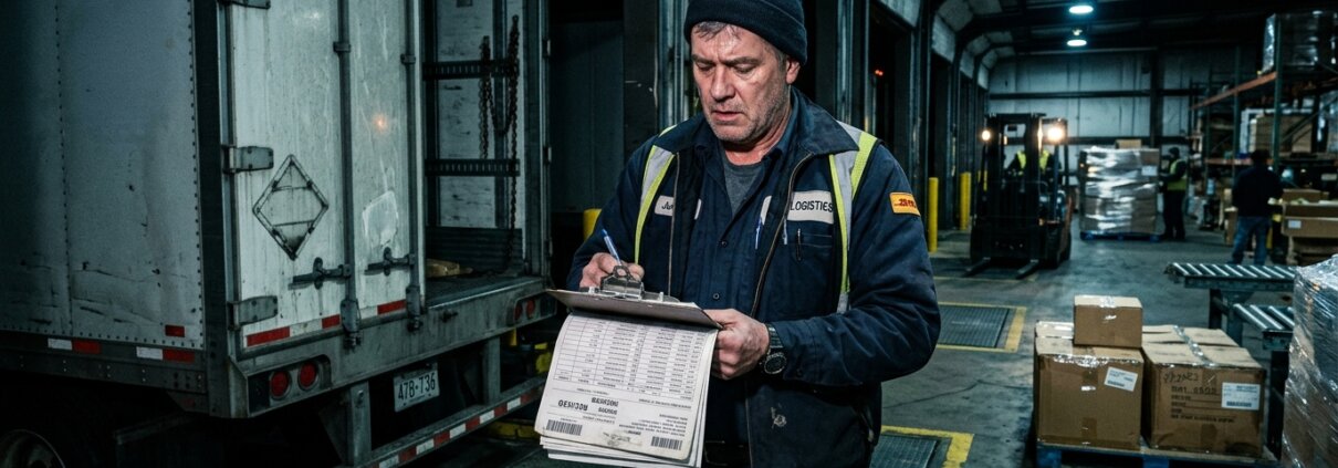 Gestresster Lagermitarbeiter kontrolliert manuell die OCR-Datenqualität der Logistik an einem Lkw an der Laderampe.