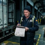 Gestresster Lagermitarbeiter kontrolliert manuell die OCR-Datenqualität der Logistik an einem Lkw an der Laderampe.