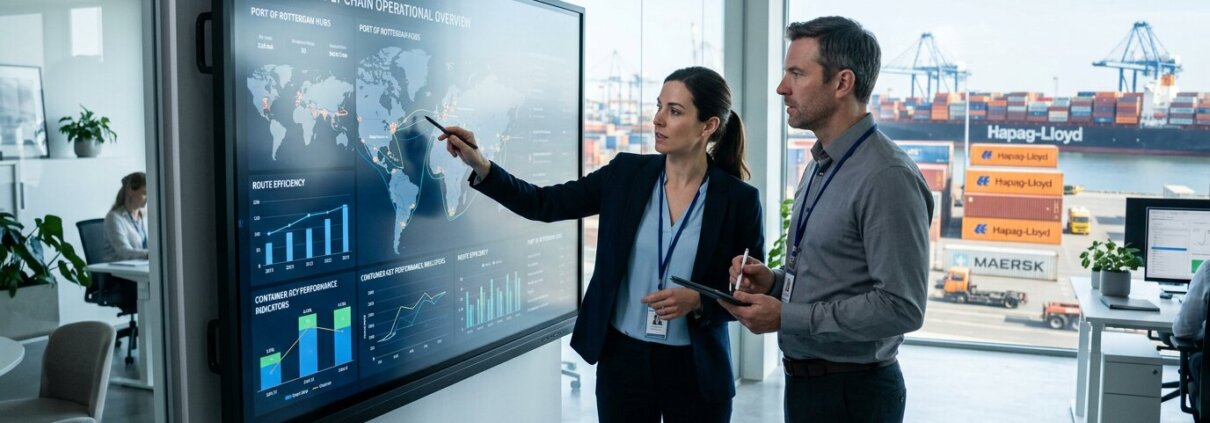 Logistics managers analyzing data for back-office outsourcing and nearshoring on a screen with visible shipping containers.