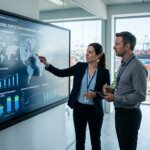Logistikmanager am Bildschirm analysieren Daten für Backoffice-Outsourcing und Nearshoring, mit Blick auf Schiffscontainer.
