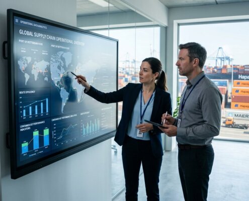 Logistikmanager am Bildschirm analysieren Daten für Backoffice-Outsourcing und Nearshoring, mit Blick auf Schiffscontainer.