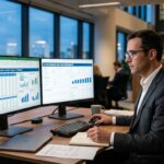 Financial professional reviewing options to outsource VAT returns on dual monitors in a modern corporate office at blue hour.