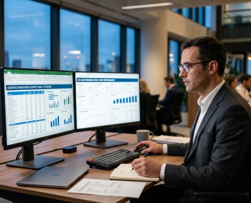 Financial professional reviewing options to outsource VAT returns on dual monitors in a modern corporate office at blue hour.