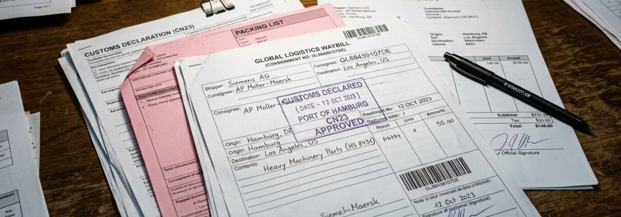 Stack of physical customs documents on a wooden desk featuring a faded stamp indicating a retroactive assessment of preferential origin.