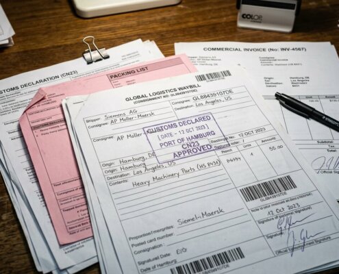 Stack of physical customs documents on a wooden desk featuring a faded stamp indicating a retroactive assessment of preferential origin.