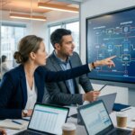 Manager analysieren Datenströme auf einem Bildschirm für einen positiven ROI der Datenbereinigung während einer nahtlosen Migration.