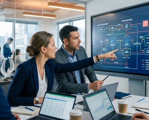 Manager analysieren Datenströme auf einem Bildschirm für einen positiven ROI der Datenbereinigung während einer nahtlosen Migration.