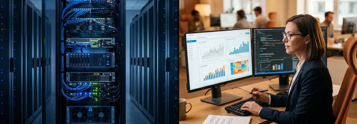 B2B data enrichment conceptualized via a split-screen showing an automated server rack and a data analyst studying charts.