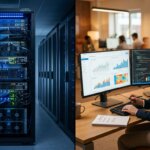 B2B data enrichment conceptualized via a split-screen showing an automated server rack and a data analyst studying charts.