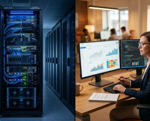 B2B data enrichment conceptualized via a split-screen showing an automated server rack and a data analyst studying charts.